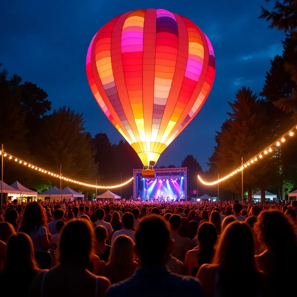 Bunte Ballons steigen über eine Festival-Landschaft auf.